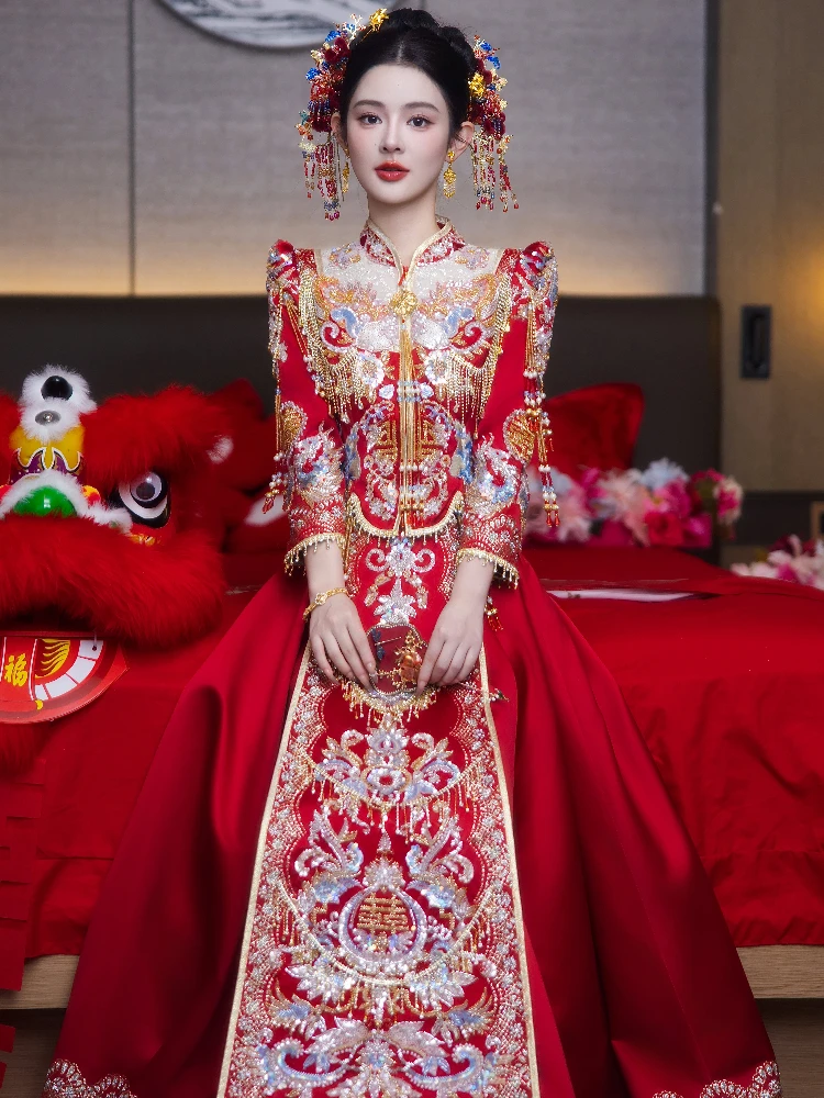 Xiuhe Clothing Wedding Clothes 2025 New Bridal Chinese Toast Gown Heavy Industry Bride Outfit Dress Luxury Summer