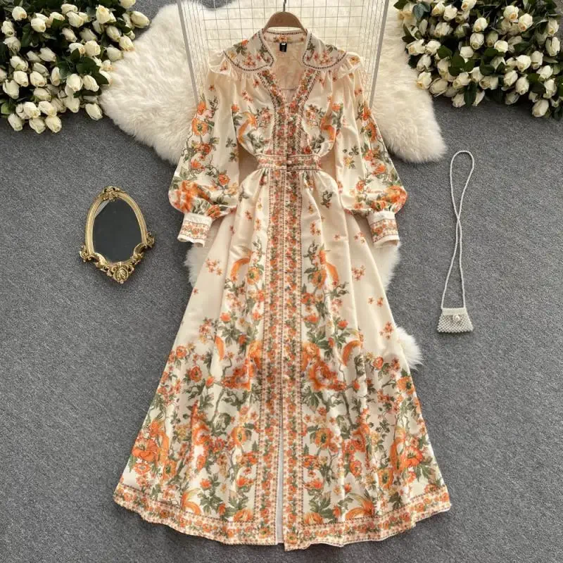 

2024 New Dress Autumn Vintage Chiffon Single Breasted Lady Full Dress A Line V Neck Puff Sleeve Mid-Calf Women Dresses Vestido