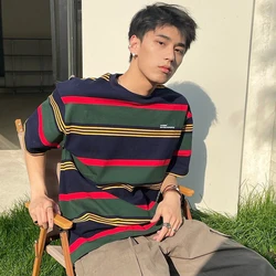 Vintage Striped Print O Neck Short Sleeve Men T Shirt High Street Fashion All-match Oversized Couples Clothing Hip Hop Punk Tops