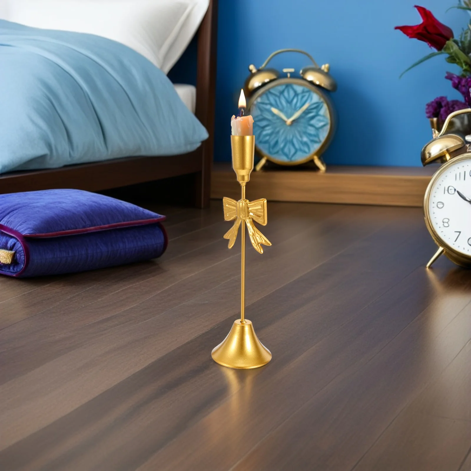 

Bow Holder Vintage Gold Taper Candlestick Stand Christmas Table Centerpiece Pillar Housewarming Dining Room