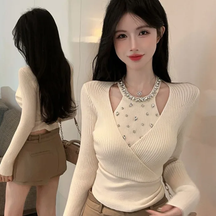 

Heavy-Embroidered Diamond Women's Knitted Sweater Ne Hanging Autumn Winter New Sle Faionable Slim Fit Long Sve ort...