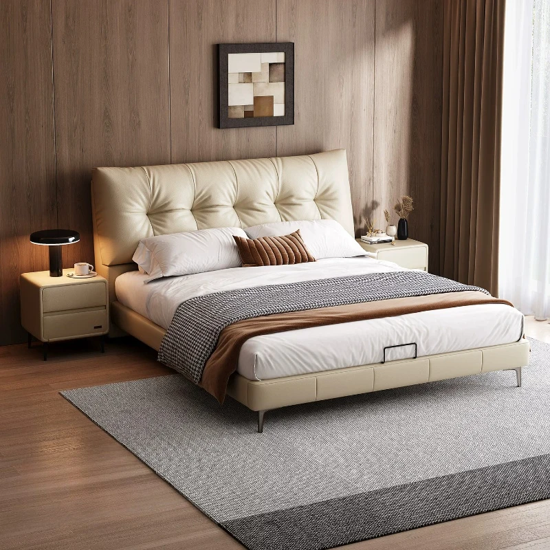 180x200cm Italian Light Luxury Master Bedroom Beds And Bed Frames Atmospheric Soft Bag Double Black Leather High Bed Furniture