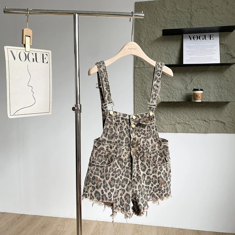 アメリカンスタイルヒョウデニムワンピースショーツ女性夏の穴生エッジストレートロンパーススパイスガールロンパース