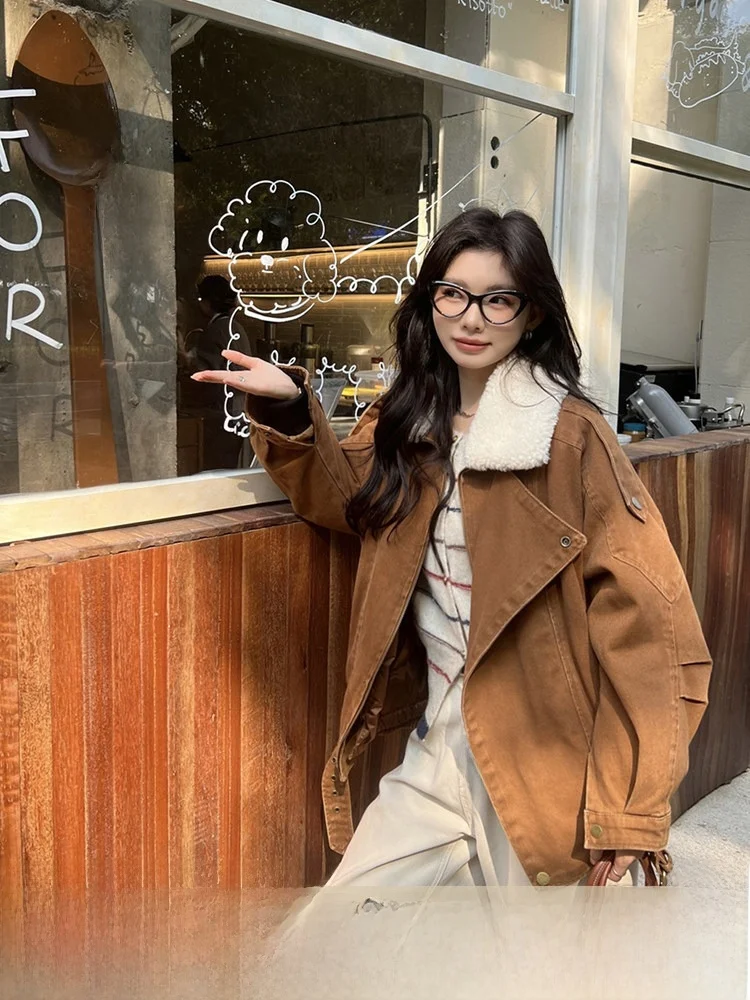 

Anna Home Salted Butter American Retro Denim Parka Women's Winter down Jaet Fur Coat Thiened ort Sle Zipper Closure