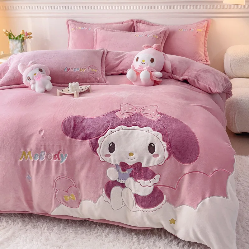 Kawaii Sanrio Sheet Set Mymelody Cinnamoroll Winter Velvet Cartoon Embroidery Thick Double Sided Velvet Cute Warm Four Piece Set