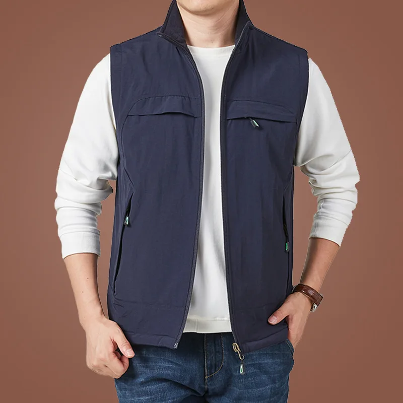 Outdoor Men Fleece Sleeveless Vest Stand Collar Full Zip Regular Fit Autumn Winter Daily Casual Warm Windproof Waistcoat Tops