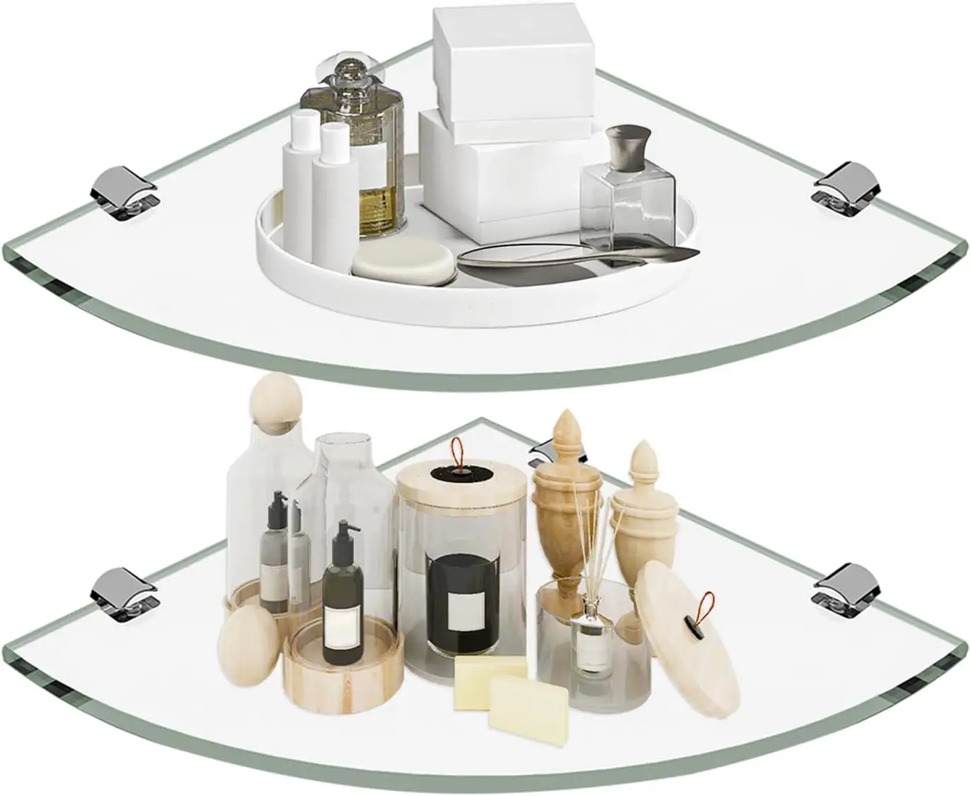 

2-Pack Tempered Glass Corner Shower Shelves, Fan-Shaped Organizer for Bathroom and Living Room Wall