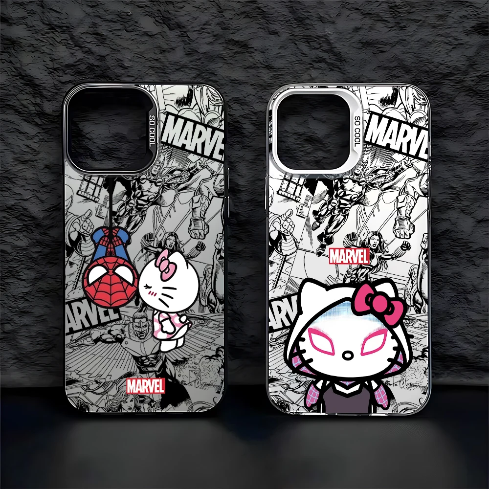 

Cute Hello Kitty Kiss Spiderman Phone Case For iPhone 16 15 14 13 12 11 Pro Max X MAX 8 7 Plus Candy Matte Shockproof Back Cover