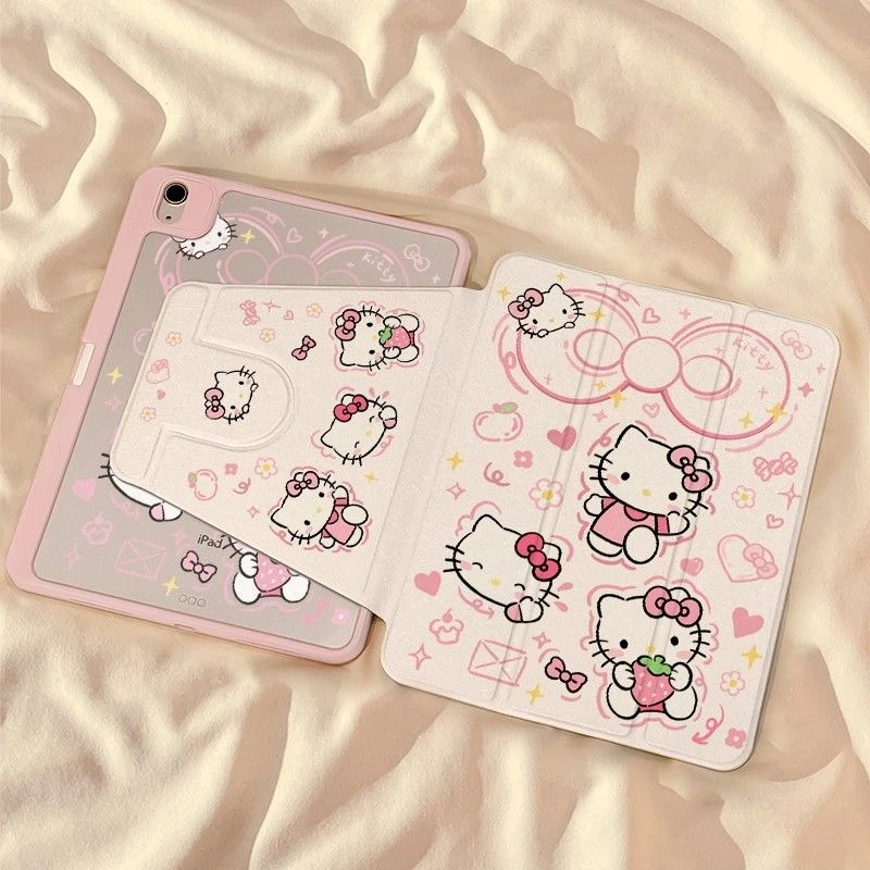

Hello Kitty Sweet Heart Bow Rotatable Tablet Case for Ipad 11th A16 Air7 Air6 11in Air4/5 10th 9/8/7th 6/5th 9.7in Acrylic Cover