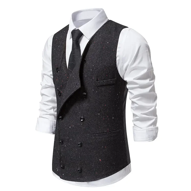 Vintage Chaleco Hombre Men เสื้อกั๊ก Double Breasted Tweed Trajes Elegante Para Hombres ธุรกิจชุดบุรุษชุดเสื้อกั๊ก