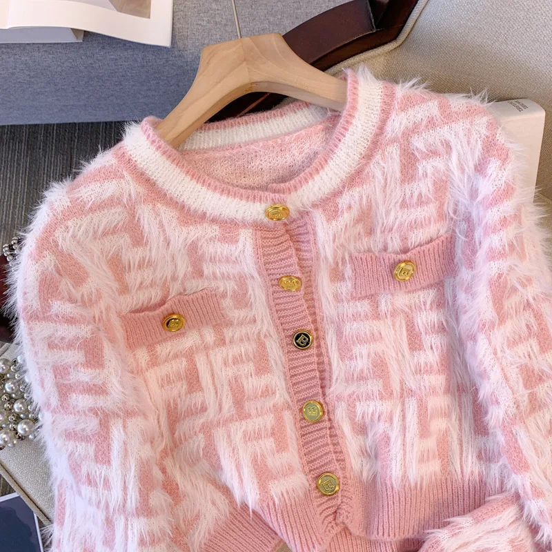 Pink Plaid Korean Casual Knitted Cardigan Single Breasted Harajuku Sweater Coat Long Sleeve Fashion Outwear Women Short Cardigan