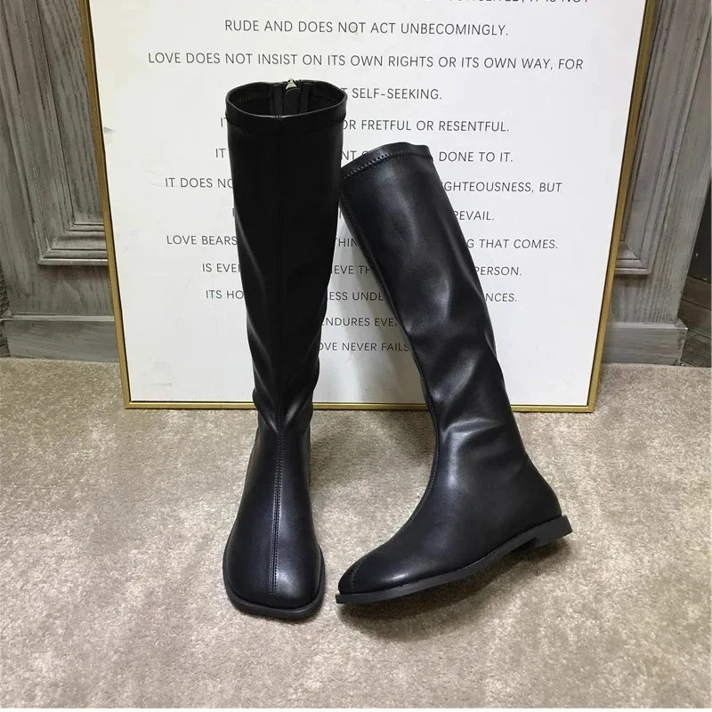 Street Style Stretch Women Knee High Boots Fashion Elegant Square Toe Shoes Women's Modern Flats Long Booties