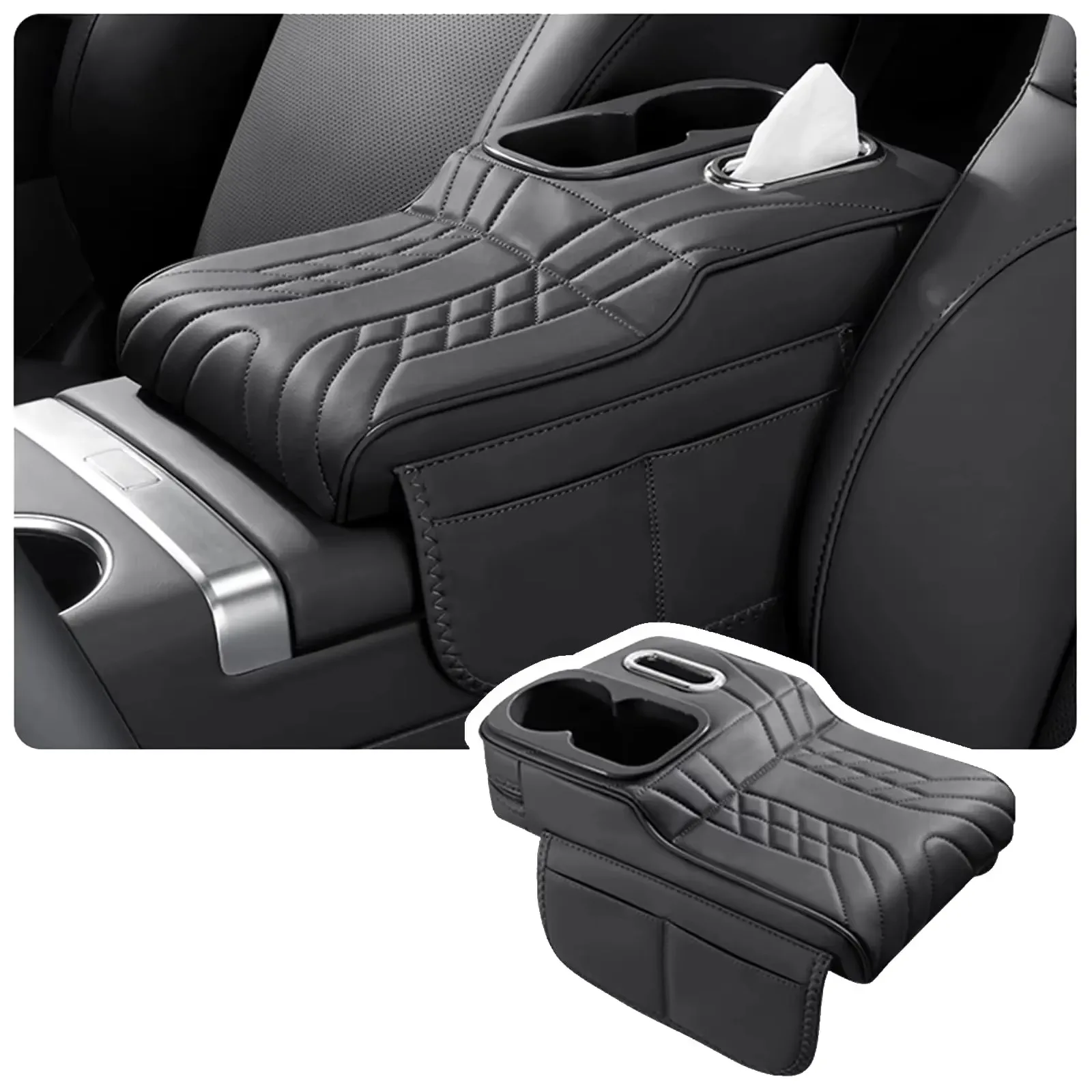 Car Armrest Box Heightening Pad PU Leather Armrest Cushion Cup Holder Tissue Box Side Storage Pockets Car Interior Accessories