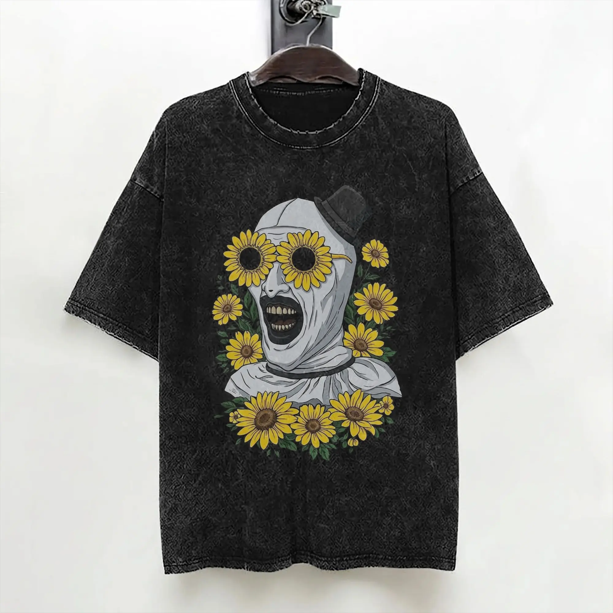 Terrifiers Art And Sunflowers T Shirt Washed Cotton High Street T-Shirt Halloween Cool for Men Women Streetwear Summer Tee Shirt