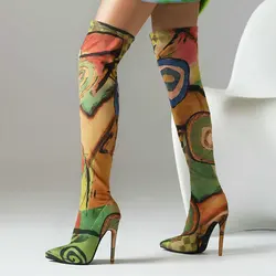 2023 Women Over the Knee Boots Thin High Heel Pointed Toe Ladies Thigh Boots Faux Suede Mixed Color Dress Women Stretch Boots