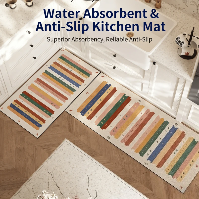 Non-slip Kitchen Floor Mat PVC Leather Washable Kitchen Carpet Oil-proof Waterproof Bohemia Style Home Decoration Balcony Rug 러그