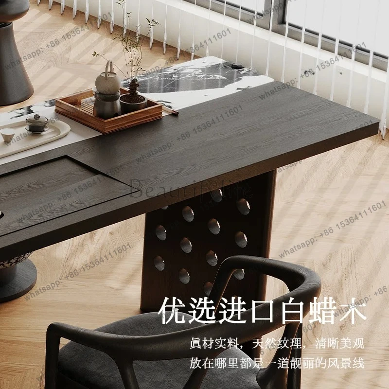 High-end solid wood tea table medieval family marble balcony ash wood tea table
