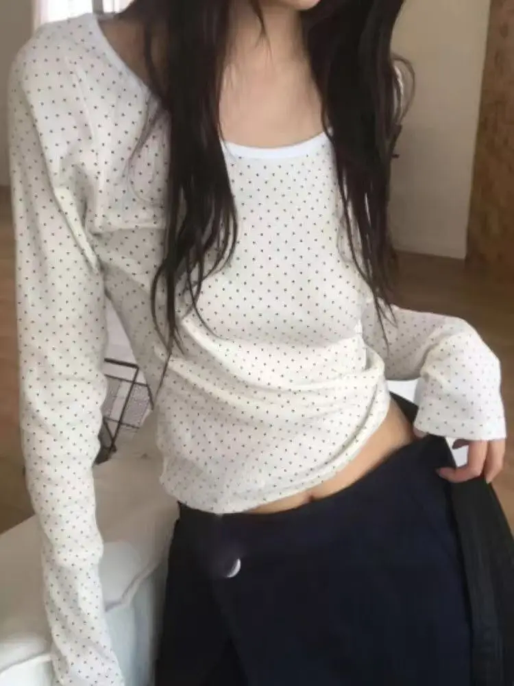Deeptown Korean Style Polka Dot T-shirts Women Sweet Cute Long Sleeve White Tops Casual Kawaii Vintage Y2k T-shirt Basic Classic image 5