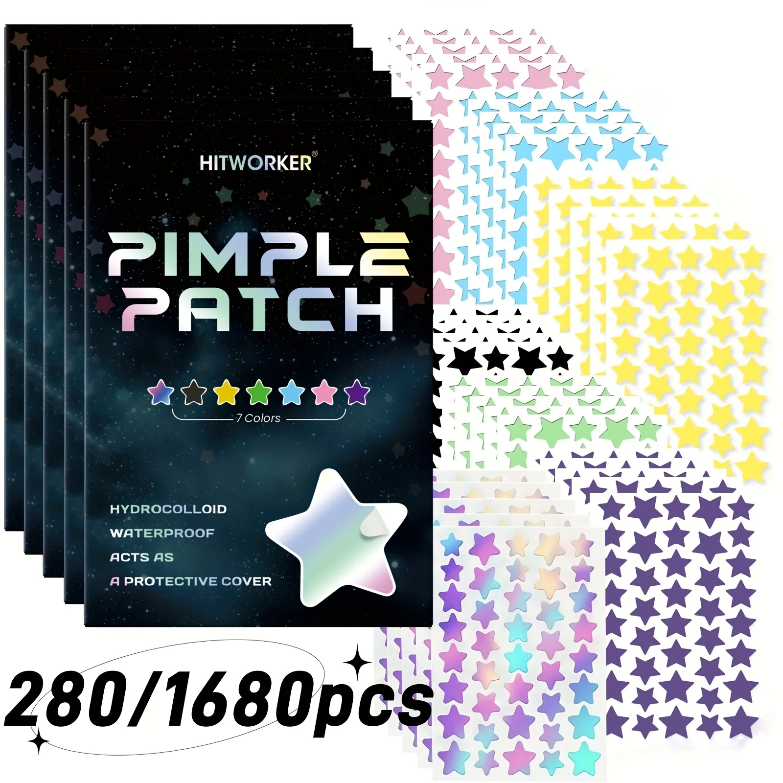 1680pcs HITWORKER Hydrocolloid Acne Patches – Multicolor Star Shape, Invisible for Light Skin, Daily Use, Teens & Adults