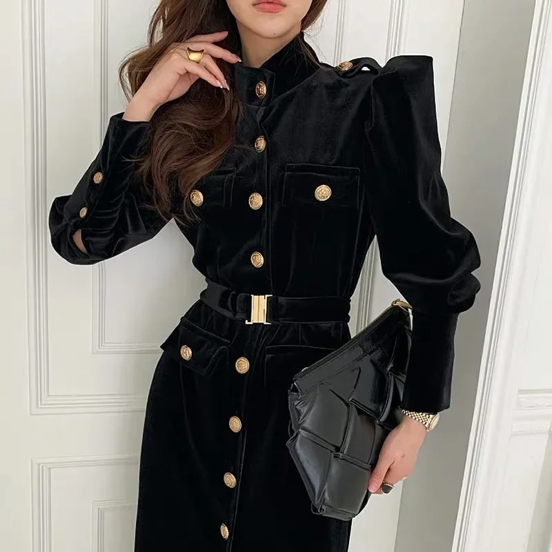 NMZM Korean retro velvet dress with waistband, long sleeves, single breasted stand up collar, women's split casual black dress