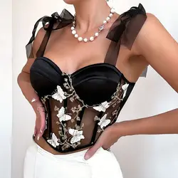 Vemina Sexy Strappy Vest Hollowing Mesh See Through Fishbone Corset Butterfly Embroidery Bustier Crop Top Bow Bandage Halter