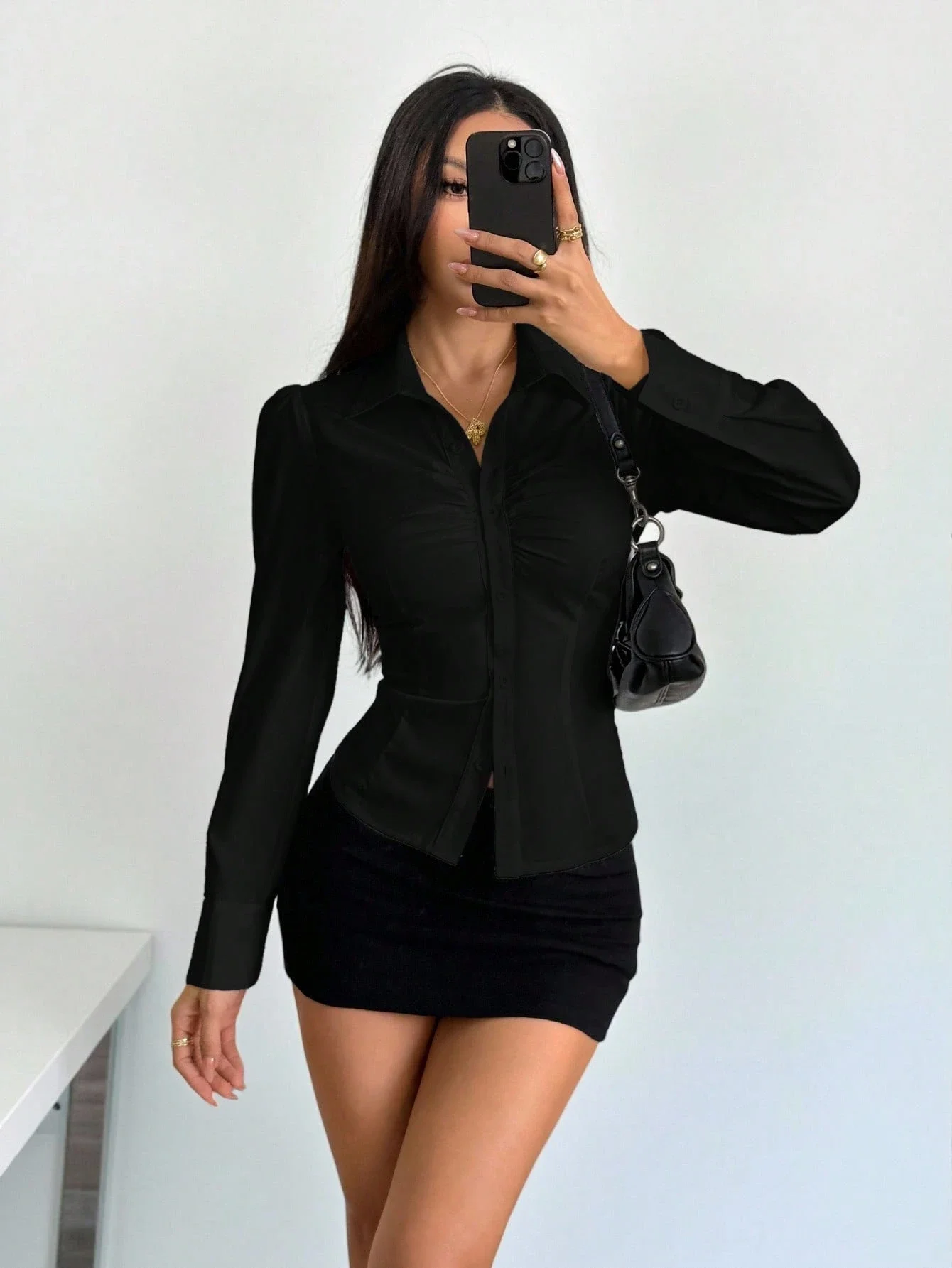 

Women's Ruched Button Up Long Sleeve Blouse Elegant Office Shirt Black