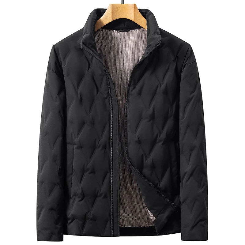 Jaket Bulu Angsa Ringan Pria Kasual Warna Solid Tahan Angin Hangat Mantel Puffer Pakaian Luar Kerah Berdiri Ramping Pakaian Atasan Berlapis
