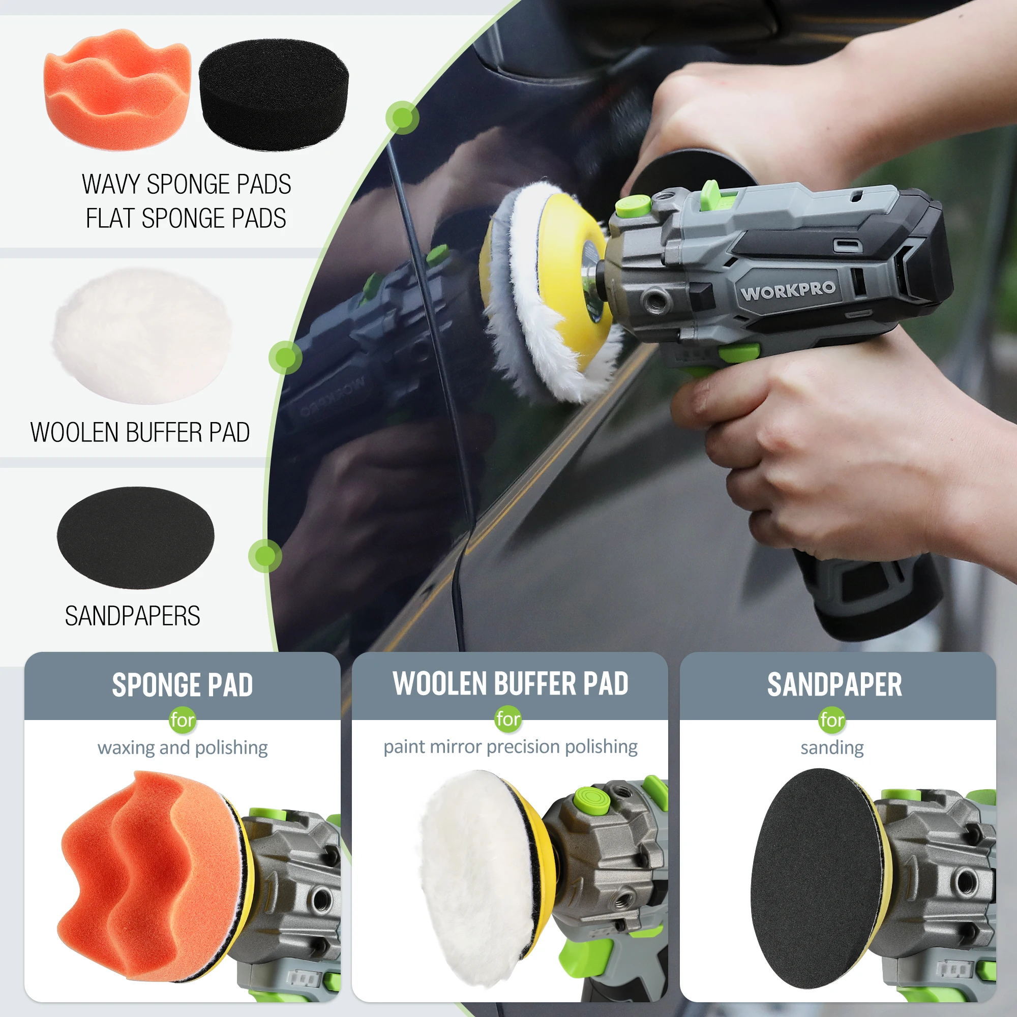 WORKPRO-12V 무선 미니 자동차 디테일링 폴리셔 스크래치 킬러, RO DA 기계 디테일링, 3 인치 패드 액세서리 2 배터리