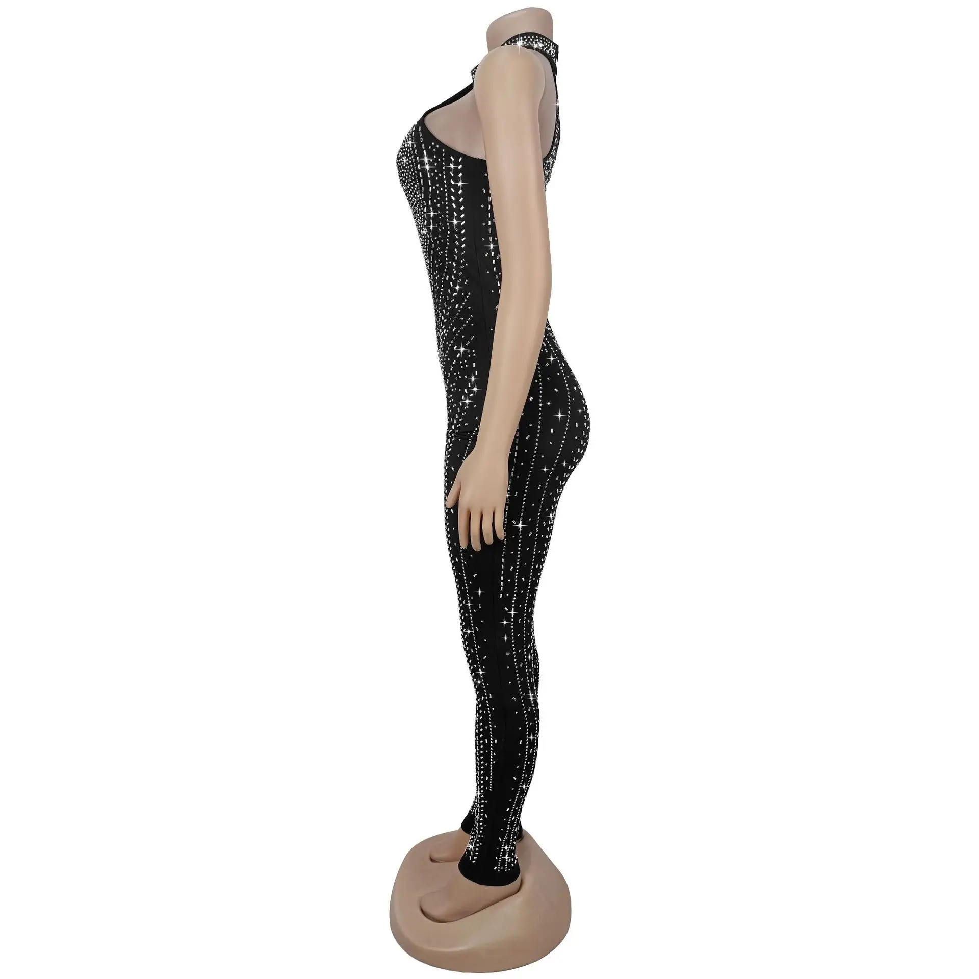 Diamanti Hot Strass Tuta nera 2025 Donna senza maniche Halter Body Sexy Club Party Donna One Pieae Tuta