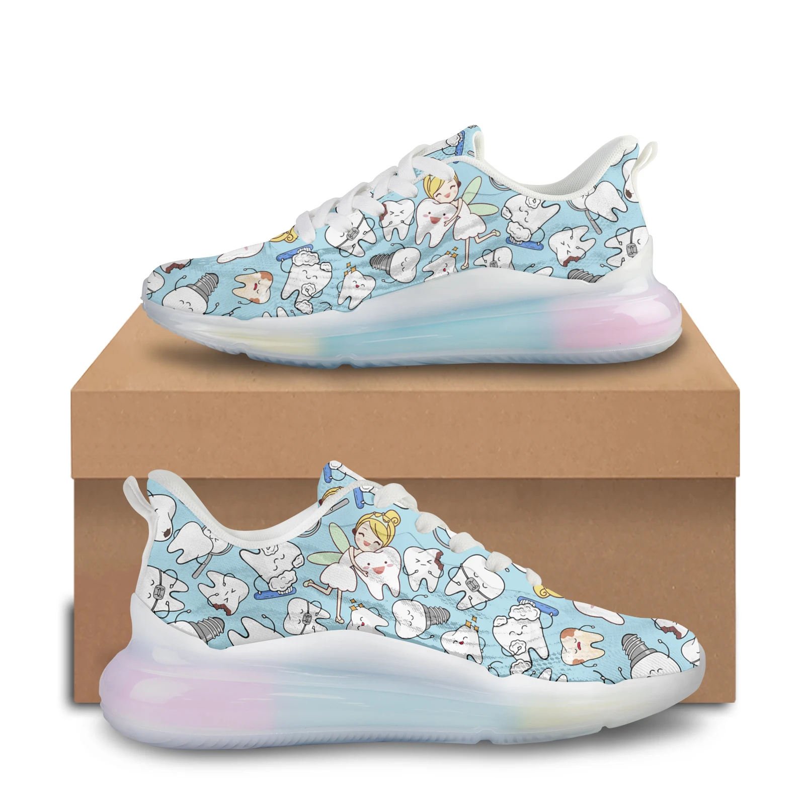 Lovely Dentist Cartoon Nurse Printed Air Cushion Shoes Mesh Breathable Outdoor Sport Sneakers Ainbow Gradient Color Thick Shoes