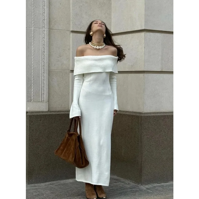 السيدات تريكو فستان ماكسي موضة متماسكة فستان طويل خارج الكتف الإناث مضلع فضفاض عالية الخصر أنيقة الخريف فستان الحفلات #1