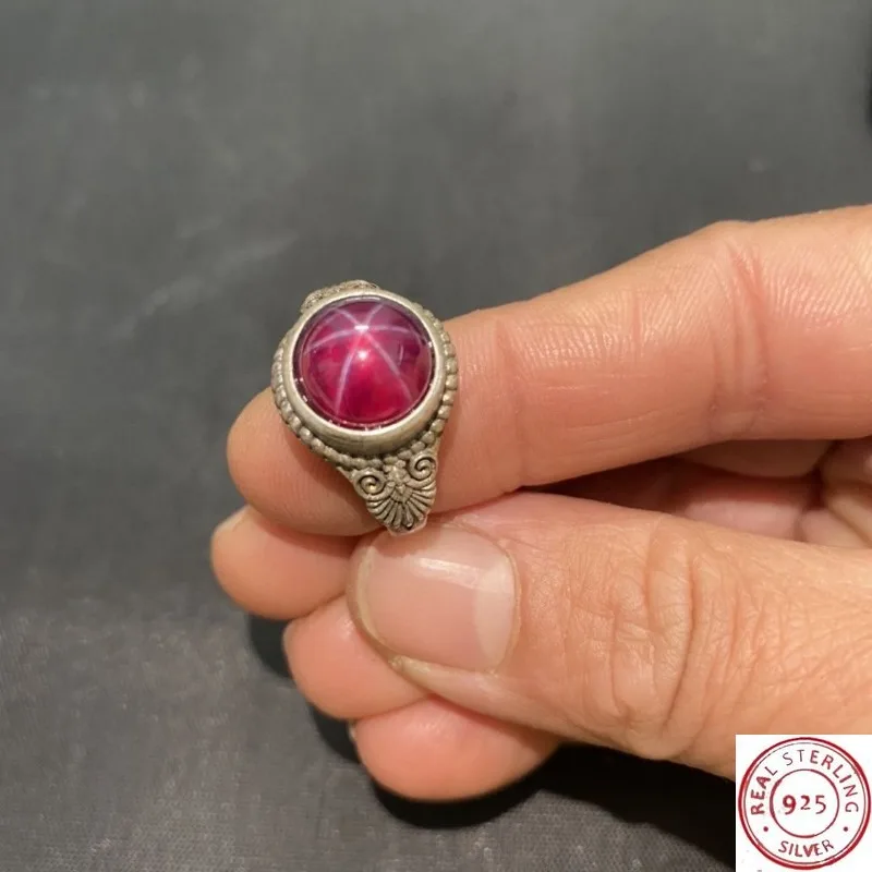 

Tibetan Silver Cloisonne Ring, Inlaid Star Ruby, Retro Ethnic Style, Adjustable Open Band, Unisex Vintage Finger Jewelry