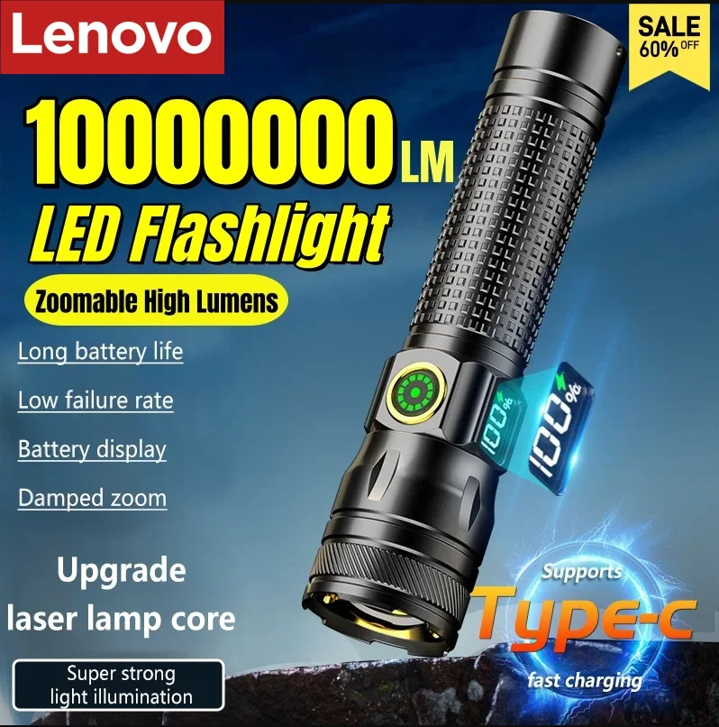 Lenovo Rechargeable LED Flashlights Digital Power Display 10000000 High Lumens Zoomable Bright EDCFlashlight for Outdoor Camping
