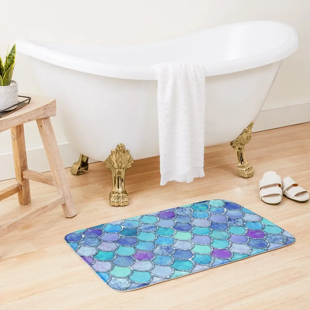 

Colorful Blues Mermaid Scales Bath Mat Non Slip Carpet External Entrance Doormat Mat