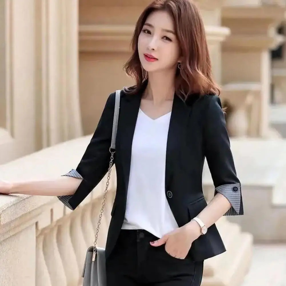 Women Blazer Three Quarter Sleeves Lapel Notch Collar Lady Formal Thermal Cardigan Plus Size Business Lady Coat Party