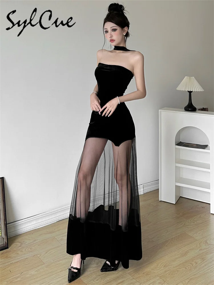 Sylcue Winter Party Black Mysterious Sexy Mature Beautiful Elegant Graceful Sweet Gentle Women'S Halter Tulle Stitching Dress