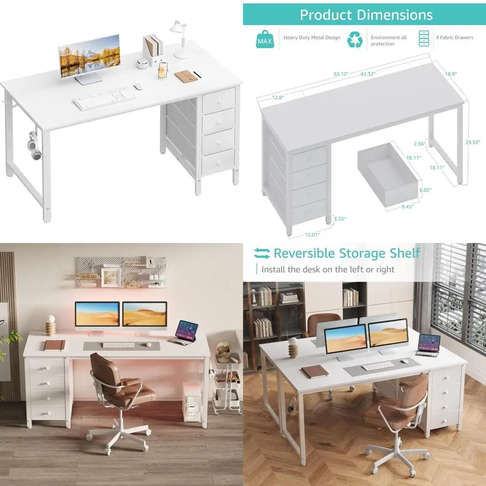 55 Escritorio de oficina en casa reversible moderno con cajones - Escritorio de 55 pulgadas de largo para estudio y dormitorio