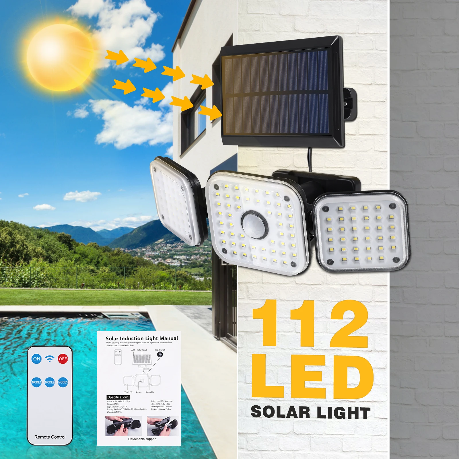 

3Head Solar Wall Lights ABS Motion Sensor Lamp LED Beads Night Lighting Remote Control Outdoor Security Spotlights Solar Lights
