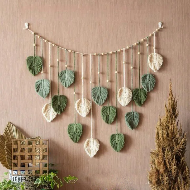 120x75cm Bohemian Wandbehang mit Blättern und Quasten, Wandteppich, Makramee, grüne Blätter, schicke Heimdekoration, Schlafzimmer, Weihnachtsgeschenk – Detail 4