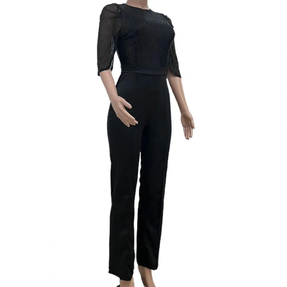 

Women Round Neck Jumpsuit Elegant Sequin Splicing Women's Jumpsuit with Slim Waist Wide Leg Pants for Summer Parties Casual