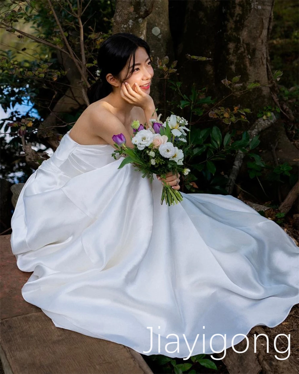  Korea Jiayigong Exquisite A-line Wedding Party Open Back Tulle Organza Chiffon Floor Length Sweep Brush Custom 