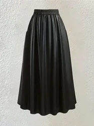 Plus Size 1XL-5XL Women's Fashion Street Style Skirt Ladies Solid PU Leather Elastic High Rise Maxi Skirt with Pockets