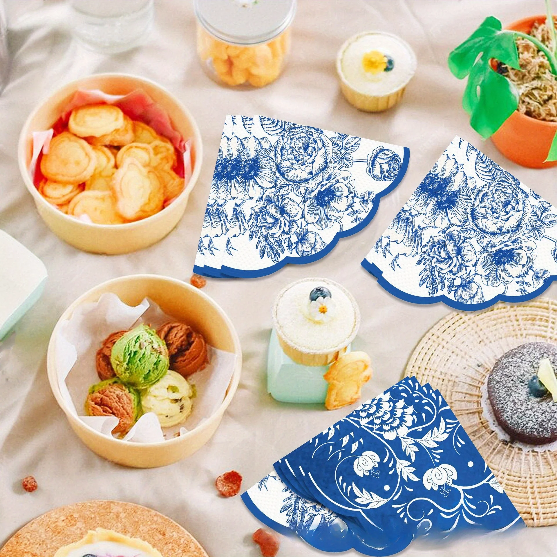 Vintage blaue Blumen Papierservietten Hochzeit Einweggeschirr Servietten Taschentücher Baby Geburtstag Party Abendessen Tischdekoration – Detail 7