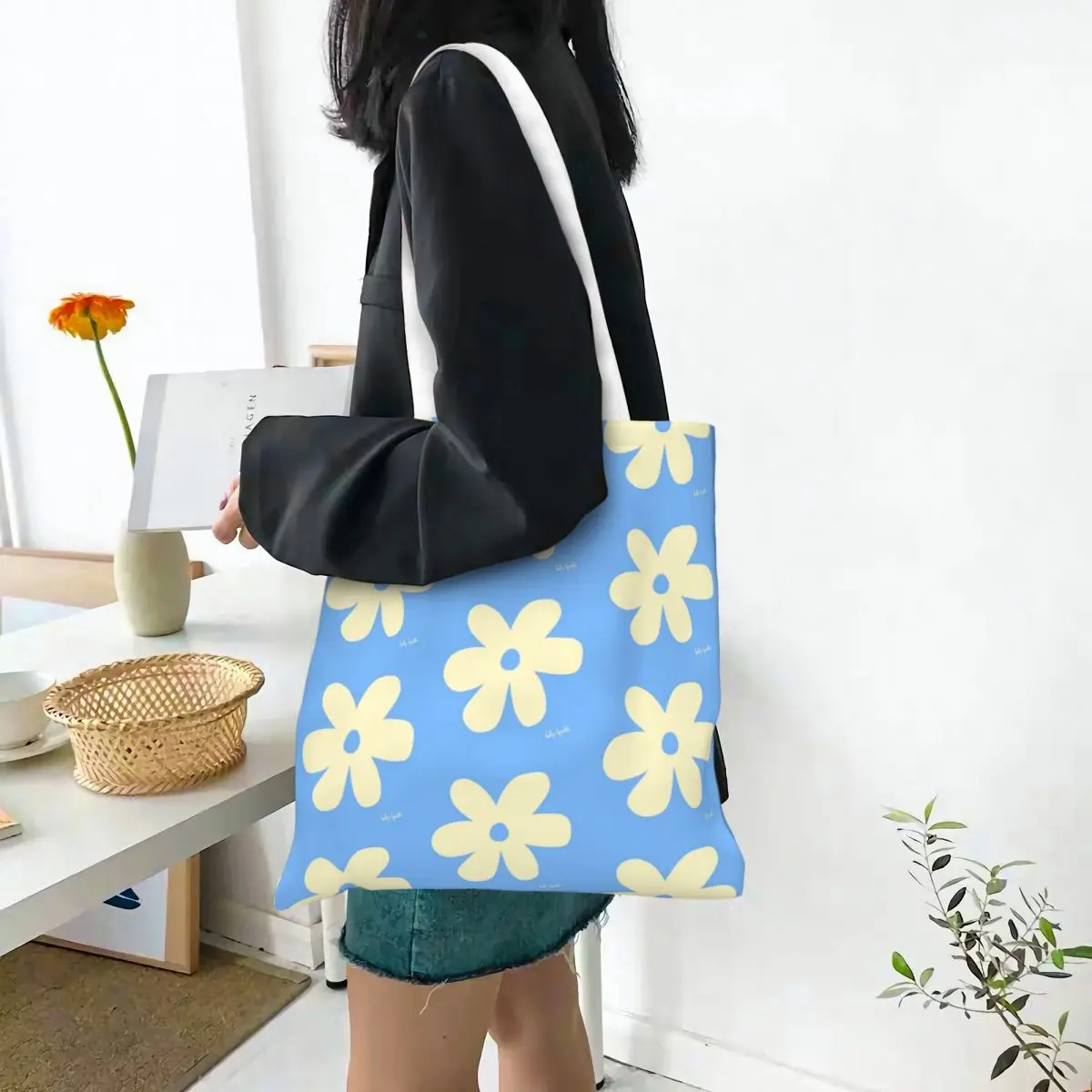 Pastel Blue Flower Print Canvas Tote Bag Reusable Large Capacity Colorful Floral Trend Bags for Women Men