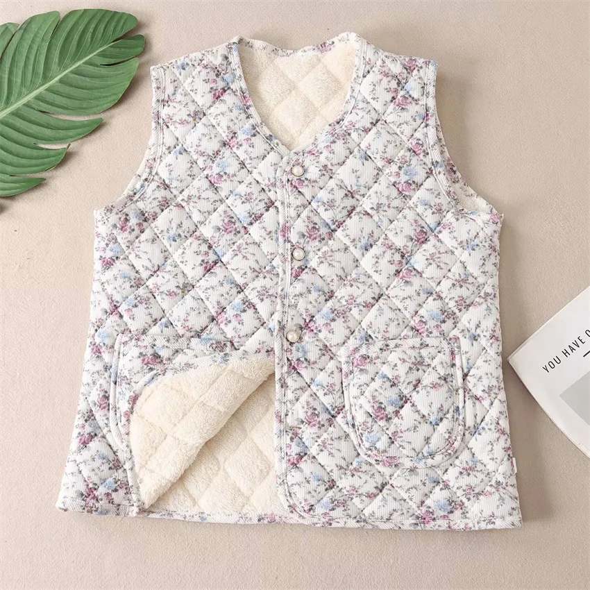 Nieuwe Herfst Winter Vrouwen Bloemen Katoenen Vest Big Size Vrouwelijke V-hals Fluwelen Vesten Dame Korte Warme Mouwloze Jas Uitloper 2534