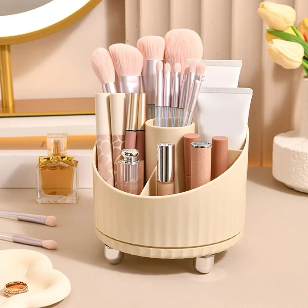 Plastic Spinning Makeup Brush Holder Beige Large Capacity Makeup Brush Storage Box Space Saving Cosmetics Storage Box Bathroom