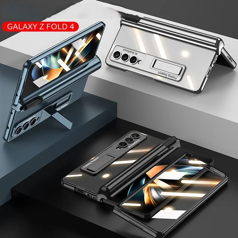 The Back Folding Bracket Magnetic Phone Cover For Samsung Galaxy Z Fold4 Explosion Proof Glass Film Phone Case With Pen Holder