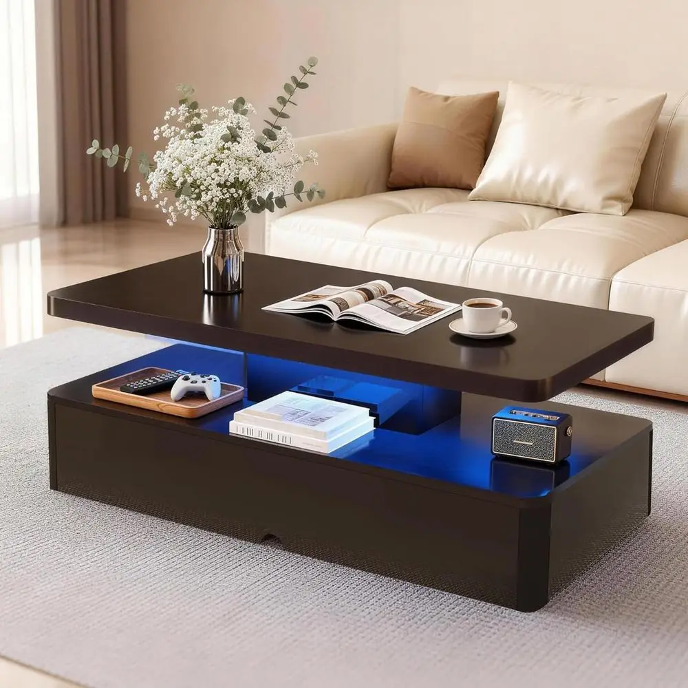 

40 2-Tier Coffee Table with LED Lights, Large Storage, High Gloss Wooden Design for Living & Bedroom