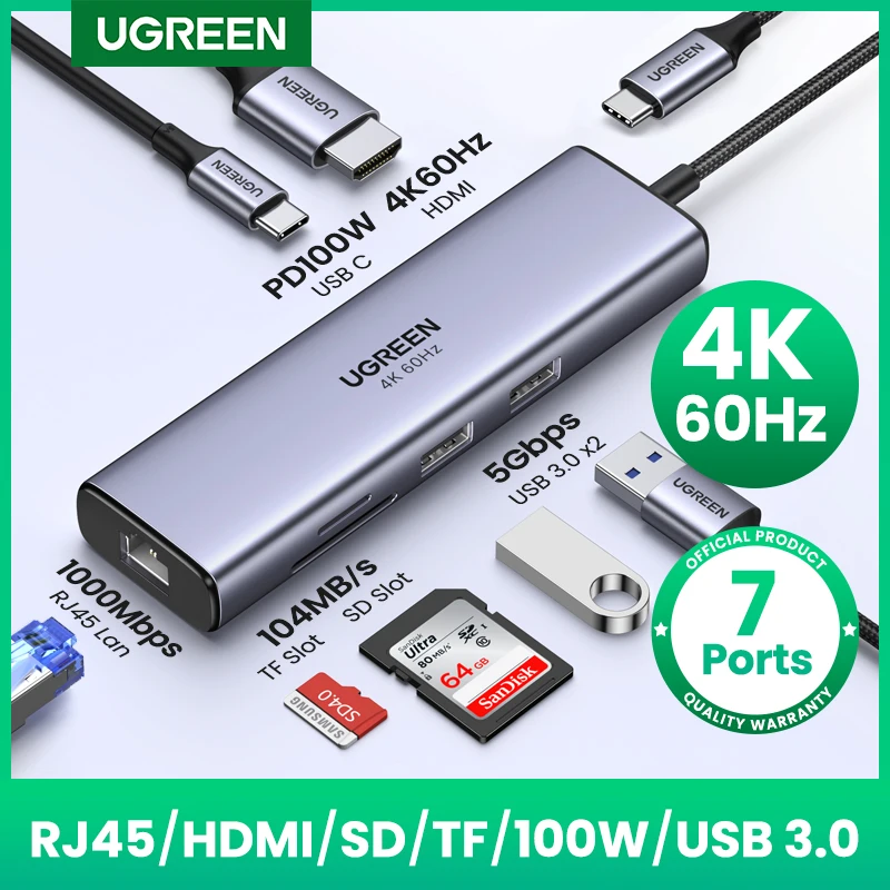 UGREEN USB HUB 7 w 1 4K60Hz HDMI Type-C do RJ45 5 Gb/s USB3.0 PD100W SD&TF Dock do laptopa MacBook USB Splitter Stacja dokująca