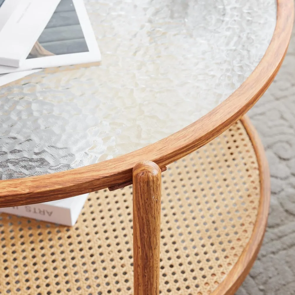 30" Rattan Coffee Table, Round Water-Wave Glass Metal Center Table, Modern Coffee Table with 2-Tier Storage, Farmhouse Circular